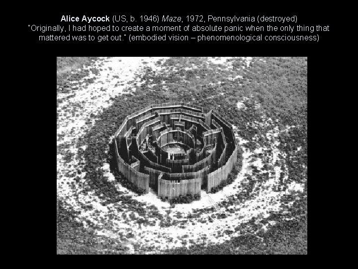 Alice Aycock (US, b. 1946) Maze, 1972, Pennsylvania (destroyed) “Originally, I had hoped to