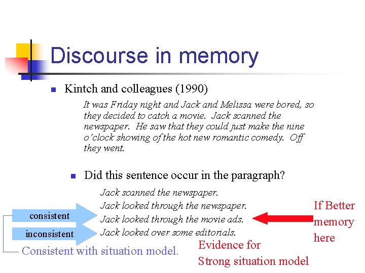 Discourse in memory n Kintch and colleagues (1990) It was Friday night and Jack