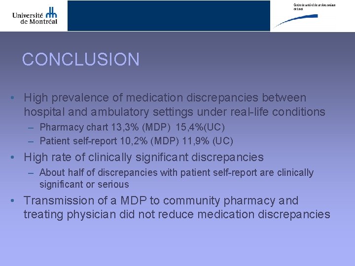CONCLUSION • High prevalence of medication discrepancies between hospital and ambulatory settings under real-life