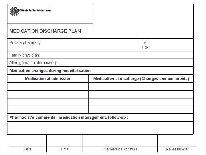 MEDICATION DISCHARGE PLAN Private pharmacy: Tel. : Fax : Family physician: Allergy(ies), intolerance(s) :