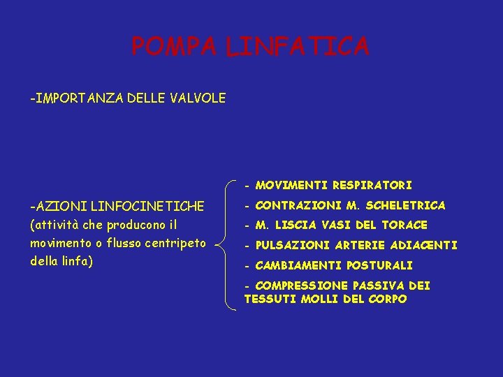 POMPA LINFATICA -IMPORTANZA DELLE VALVOLE - MOVIMENTI RESPIRATORI -AZIONI LINFOCINETICHE (attività che producono il