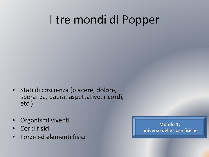 I tre mondi di Popper • Stati di coscienza (piacere, dolore, speranza, paura, aspettative,