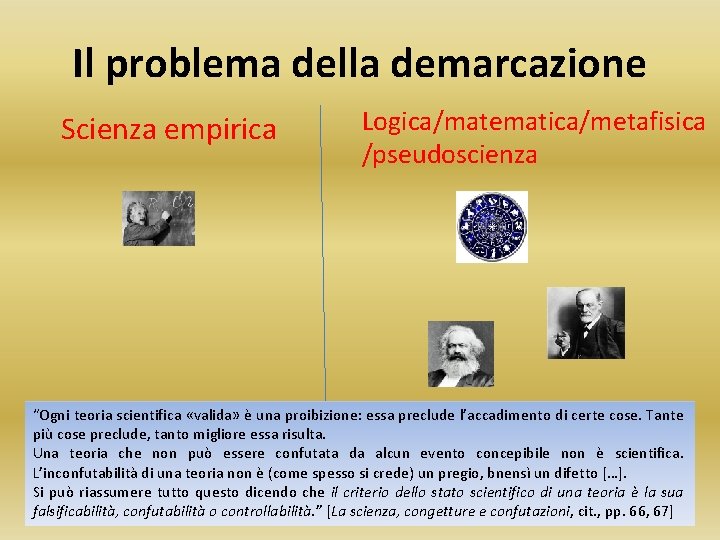 Il problema della demarcazione Scienza empirica Logica/matematica/metafisica /pseudoscienza “Ogni teoria scientifica «valida» è una