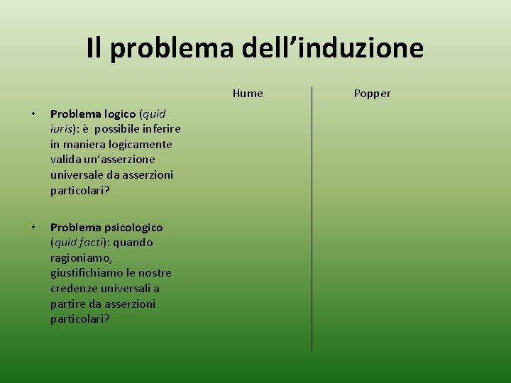 Il problema dell’induzione Hume • Problema logico (quid iuris): è possibile inferire in maniera