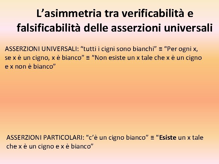 L’asimmetria tra verificabilità e falsificabilità delle asserzioni universali ASSERZIONI UNIVERSALI: “tutti i cigni sono