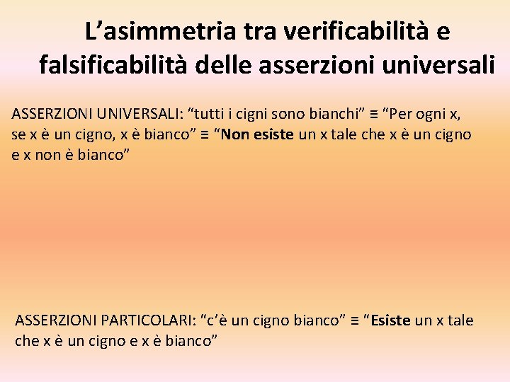 L’asimmetria tra verificabilità e falsificabilità delle asserzioni universali ASSERZIONI UNIVERSALI: “tutti i cigni sono