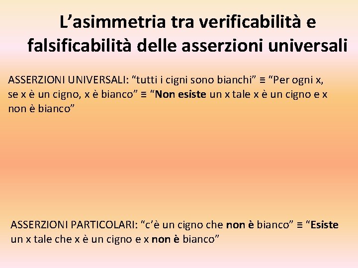 L’asimmetria tra verificabilità e falsificabilità delle asserzioni universali ASSERZIONI UNIVERSALI: “tutti i cigni sono