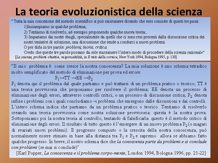 La teoria evoluzionistica della scienza “Tutta la mia concezione del metodo scientifico si può