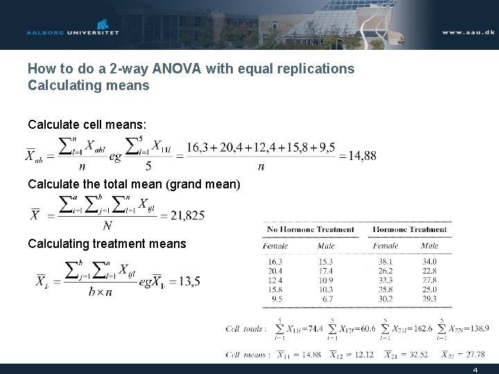 How to do a 2 -way ANOVA with equal replications Calculating means Calculate cell