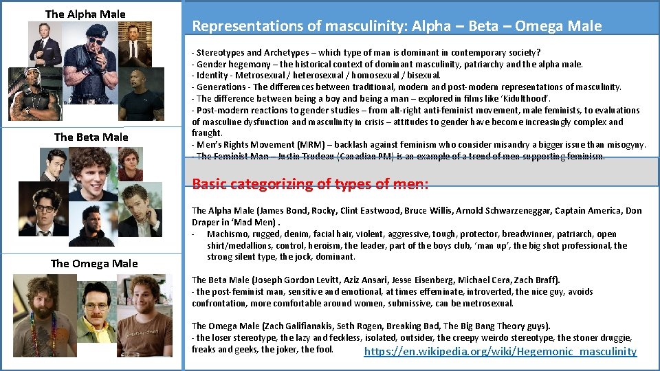 The Alpha Male The Beta Male Representations of masculinity: Alpha – Beta – Omega