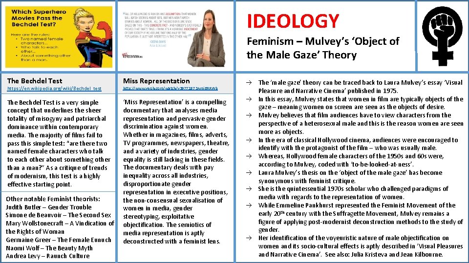 IDEOLOGY Feminism – Mulvey’s ‘Object of the Male Gaze’ Theory The Bechdel Test https: