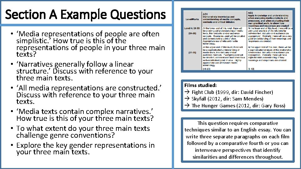 Section A Example Questions • ‘Media representations of people are often simplistic. ’ How