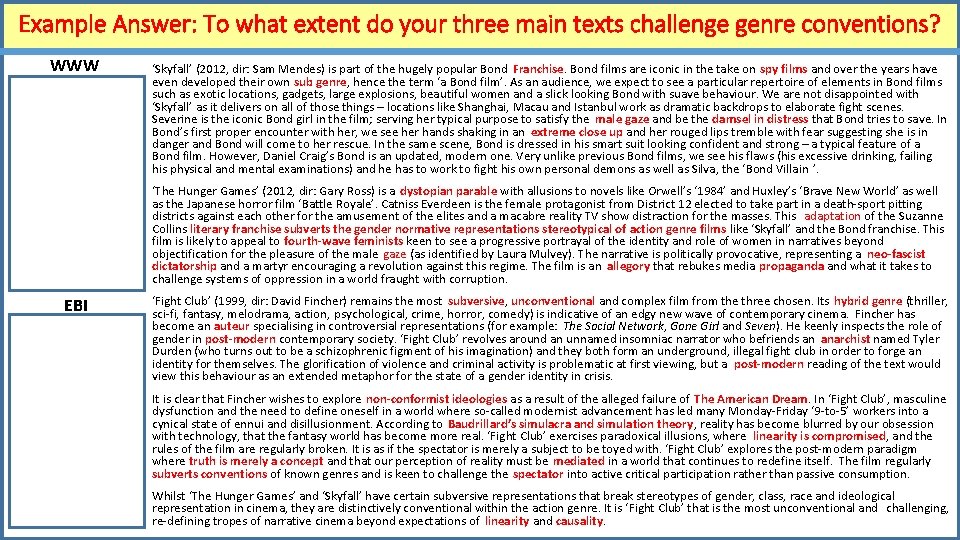 Example Answer: To what extent do your three main texts challenge genre conventions? WWW