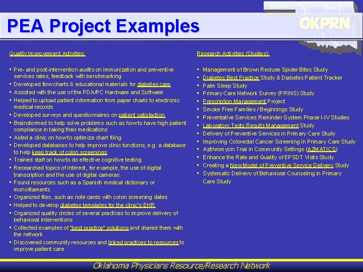 PEA Project Examples Quality Improvement Activities: Research Activities (Studies): • Pre- and post-intervention audits