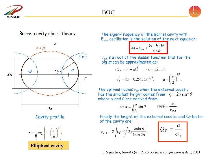 BOC Elliptical cavity I. Syratchev, Barrel Open Cavity RF pulse compression system, 2003 BOC Elliptical cavity I. Syratchev, Barrel Open Cavity RF pulse compression system, 2003