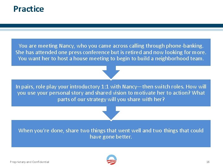 Practice You are meeting Nancy, who you came across calling through phone-banking. She has