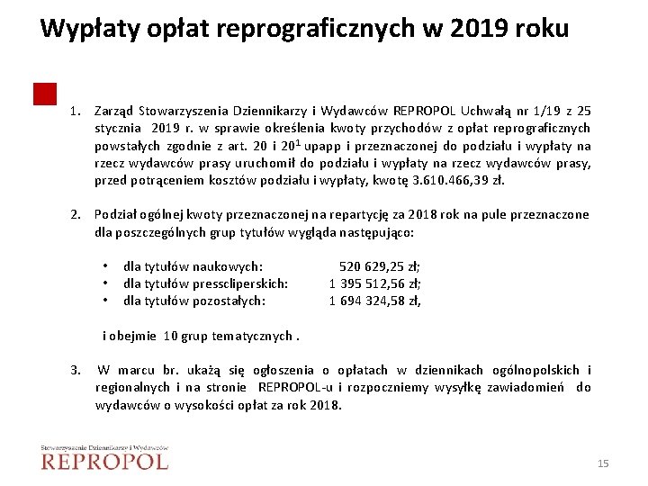 Wypłaty opłat reprograficznych w 2019 roku 1. Zarząd Stowarzyszenia Dziennikarzy i Wydawców REPROPOL Uchwałą