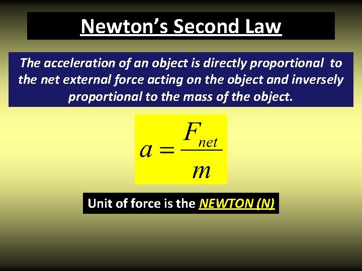 Newton’s Second Law The acceleration of an object is directly proportional to the net