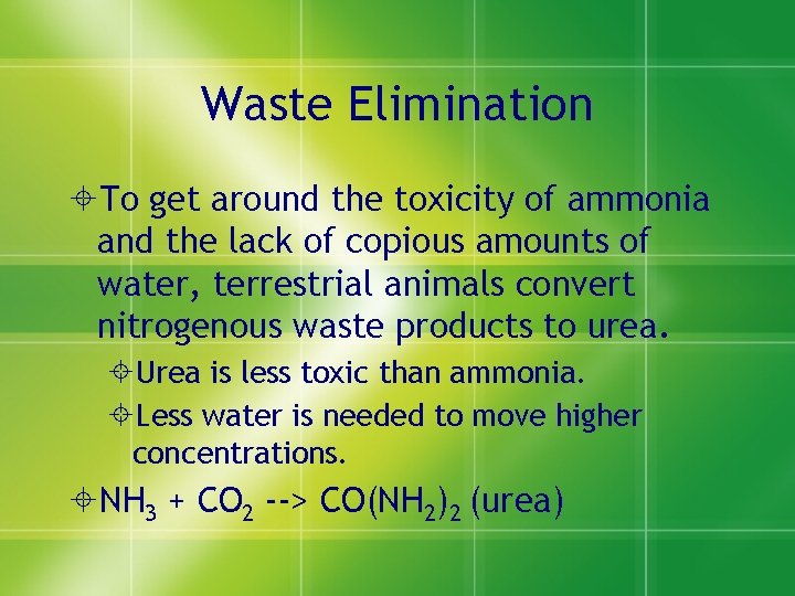 Waste Elimination ±To get around the toxicity of ammonia and the lack of copious