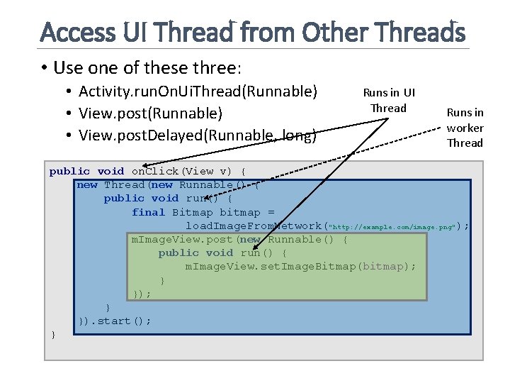 Access UI Thread from Other Threads • Use one of these three: • Activity.