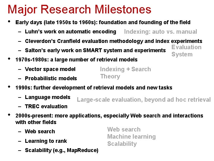 Major Research Milestones • Early days (late 1950 s to 1960 s): foundation and