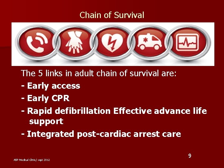 Chain of Survival The 5 links in adult chain of survival are: - Early