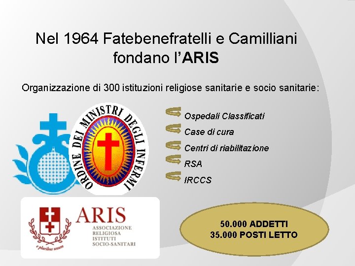 Nel 1964 Fatebenefratelli e Camilliani fondano l’ARIS Organizzazione di 300 istituzioni religiose sanitarie e