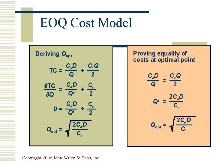 EOQ Cost Model Deriving Qopt Co D Cc Q TC = + Q 2