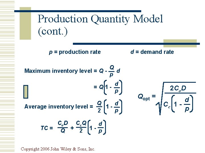 Production Quantity Model (cont. ) p = production rate Maximum inventory level = Q