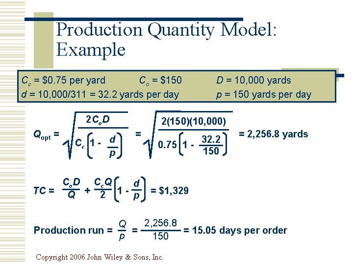 Production Quantity Model: Example Cc = $0. 75 per yard Co = $150 d