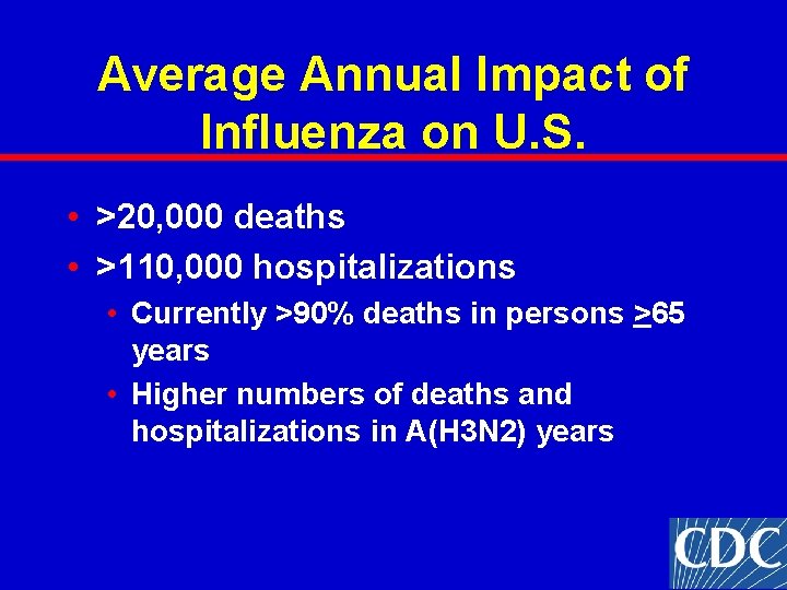 Average Annual Impact of Influenza on U. S. • >20, 000 deaths • >110, Average Annual Impact of Influenza on U. S. • >20, 000 deaths • >110,