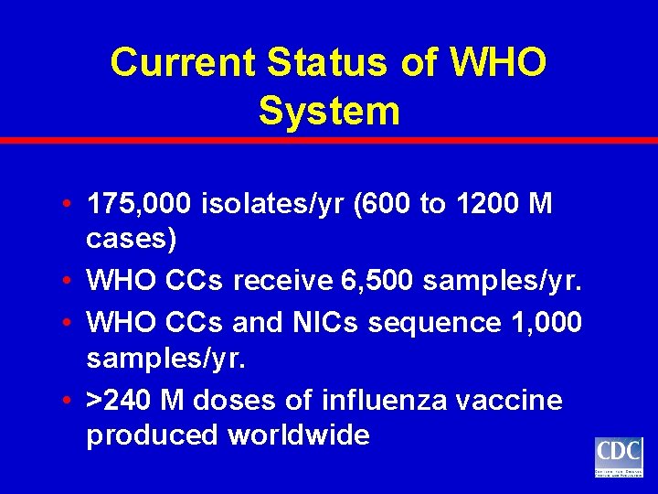 Current Status of WHO System • 175, 000 isolates/yr (600 to 1200 M cases) Current Status of WHO System • 175, 000 isolates/yr (600 to 1200 M cases)