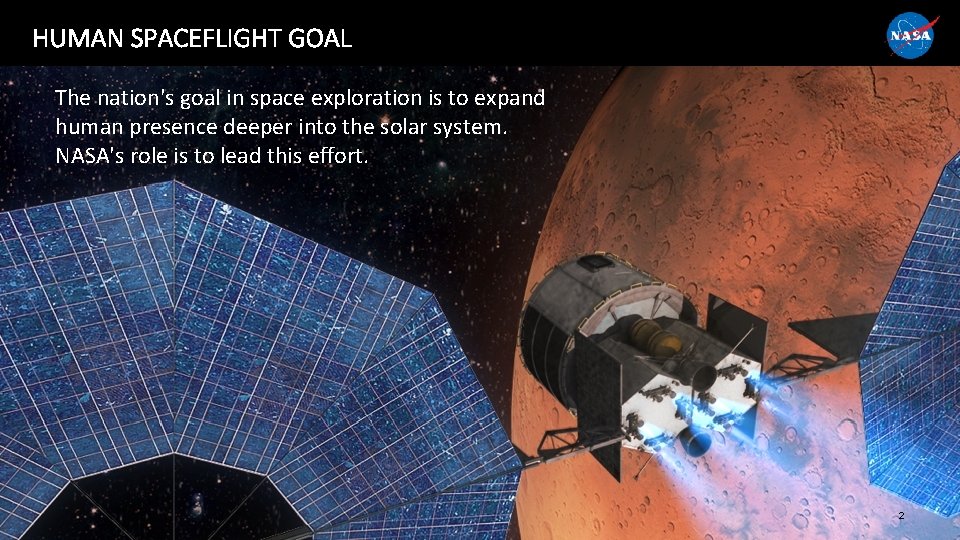 HUMAN SPACEFLIGHT GOAL The nation's goal in space exploration is to expand human presence