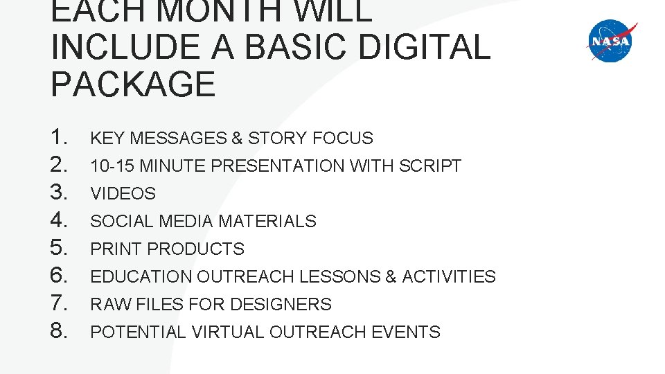 EACH MONTH WILL INCLUDE A BASIC DIGITAL PACKAGE 1. 2. 3. 4. 5. 6.