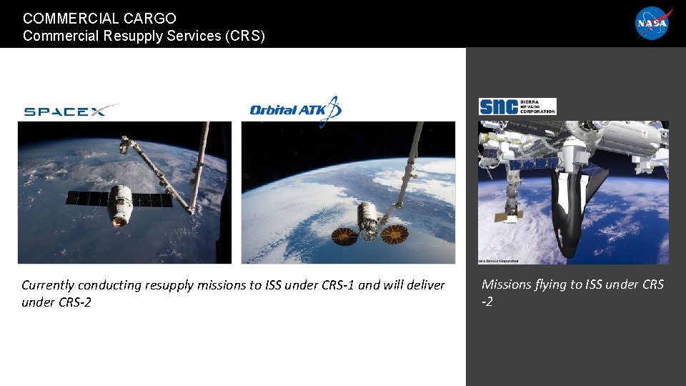 COMMERCIAL CARGO Commercial Resupply Services (CRS) Currently conducting resupply missions to ISS under CRS-1