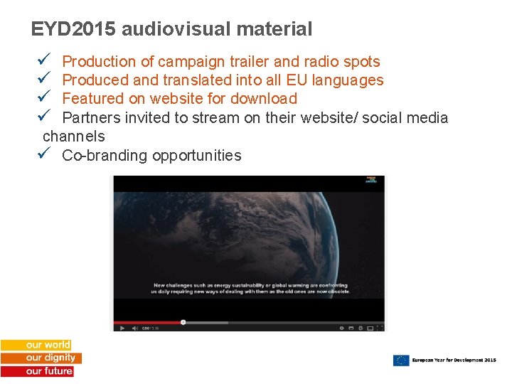 EYD 2015 audiovisual material ü ü Production of campaign trailer and radio spots Produced