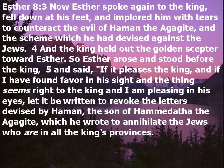 Esther 8: 3 Now Esther spoke again to the king, fell down at his