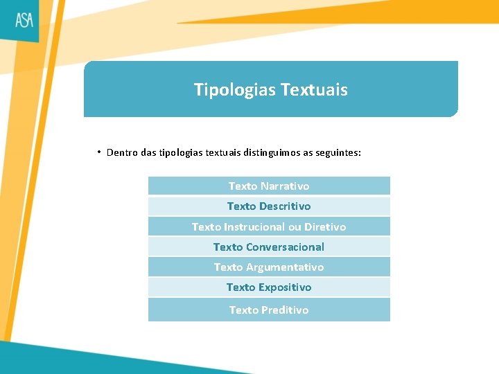 Tipologias Textuais • Dentro das tipologias textuais distinguimos as seguintes: Texto Narrativo Texto Descritivo