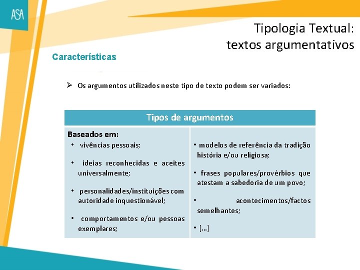 Tipologia Textual: textos argumentativos Características Ø Os argumentos utilizados neste tipo de texto podem