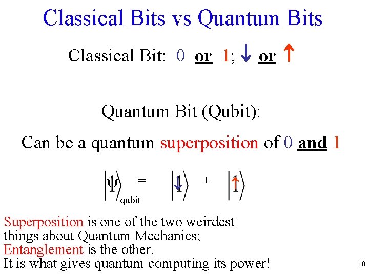 Classical Bits vs Quantum Bits Classical Bit: 0 or 1; or Quantum Bit (Qubit):