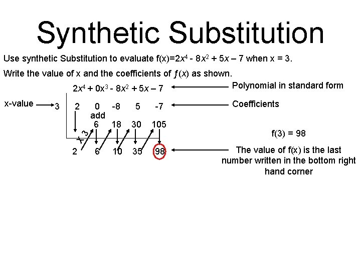 Synthetic Substitution Use synthetic Substitution to evaluate f(x)=2 x 4 - 8 x 2