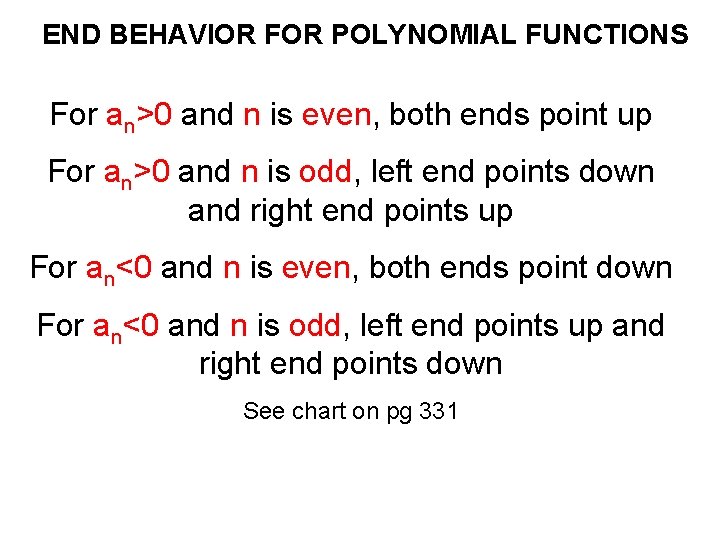 END BEHAVIOR FOR POLYNOMIAL FUNCTIONS For an>0 and n is even, both ends point