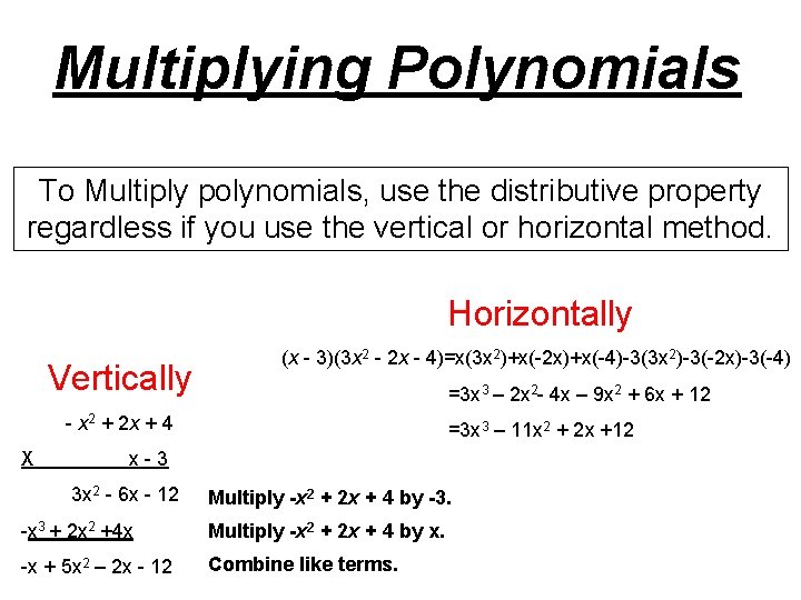 Multiplying Polynomials To Multiply polynomials, use the distributive property regardless if you use the