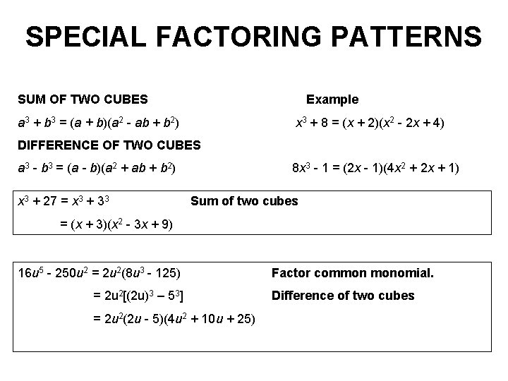 SPECIAL FACTORING PATTERNS SUM OF TWO CUBES Example a 3 + b 3 =