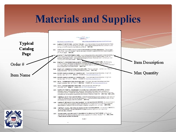 Materials and Supplies Typical Catalog Page Order # Item Description Item Name Max Quantity
