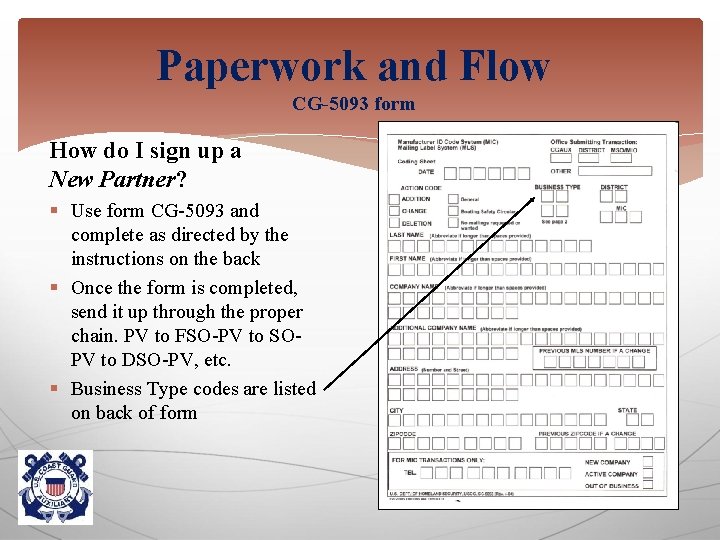 Paperwork and Flow CG-5093 form How do I sign up a New Partner? §