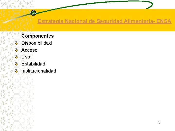 Estrategia Nacional de Seguridad Alimentaria- ENSA Componentes Disponibilidad Acceso Uso Estabilidad Institucionalidad 5 Estrategia Nacional de Seguridad Alimentaria- ENSA Componentes Disponibilidad Acceso Uso Estabilidad Institucionalidad 5