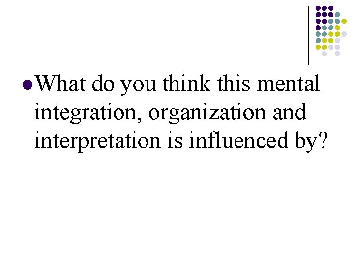 l What do you think this mental integration, organization and interpretation is influenced by? l What do you think this mental integration, organization and interpretation is influenced by?