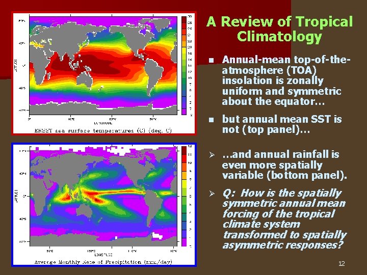 A Review of Tropical Climatology n Annual-mean top-of-theatmosphere (TOA) insolation is zonally uniform and