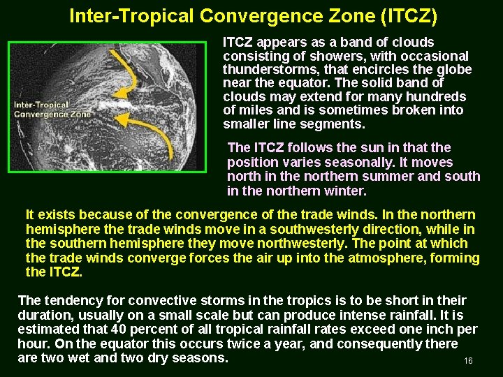 Inter-Tropical Convergence Zone (ITCZ) ITCZ appears as a band of clouds consisting of showers,